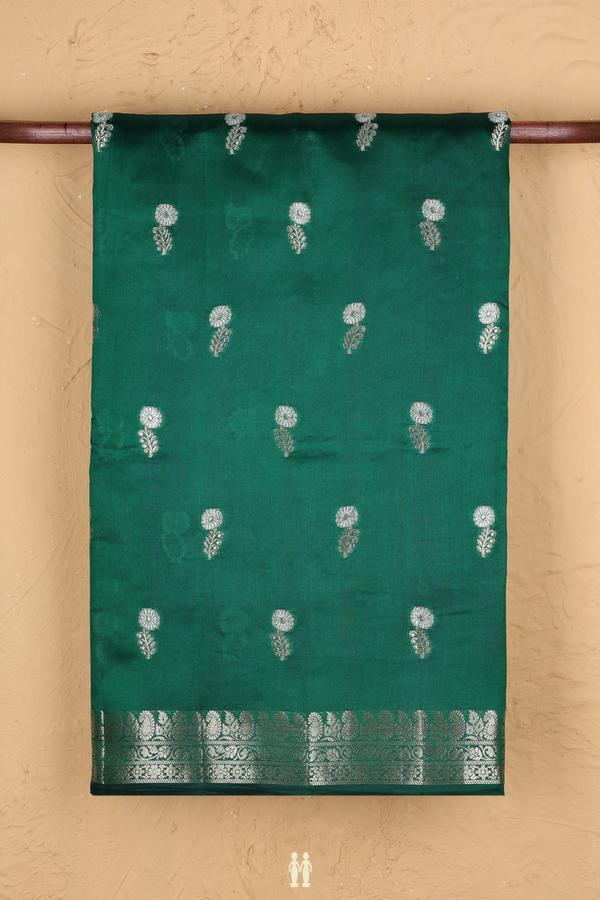 Raw Silk Saree In Forest Green With Floral Buttas