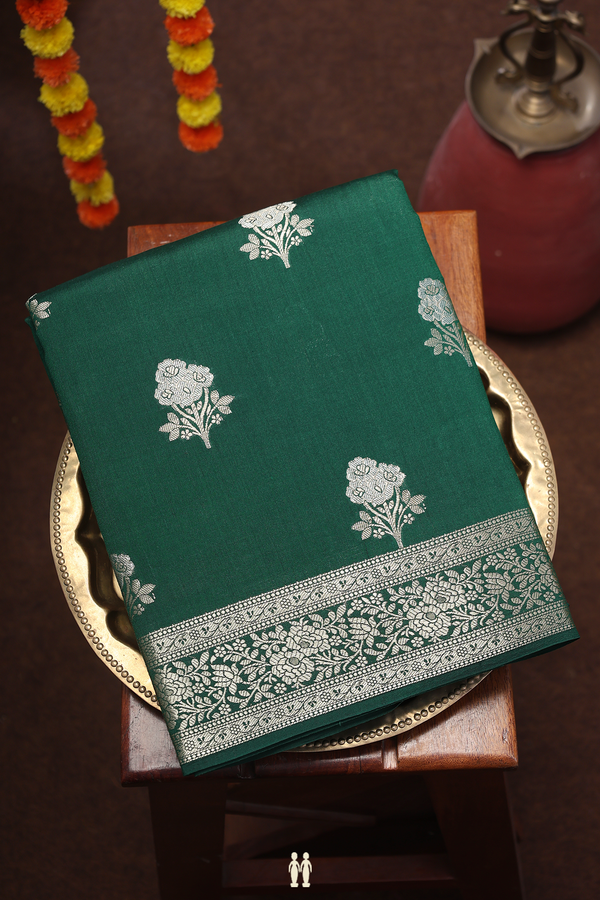 Raw Silk Saree In Forest Green With Floral Buttas