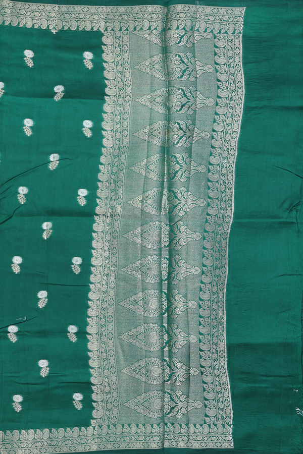 Raw Silk Saree In Forest Green With Floral Buttas