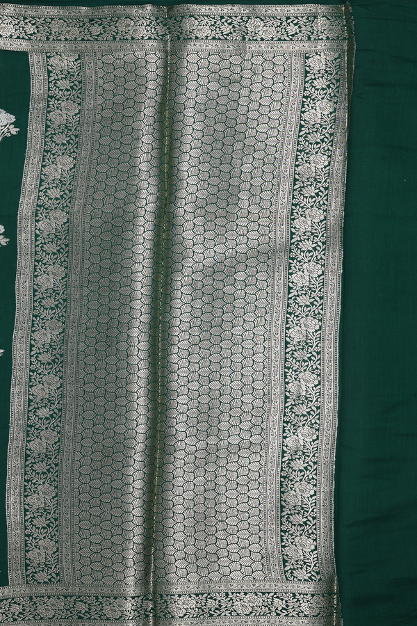 Raw Silk Saree In Forest Green With Floral Buttas
