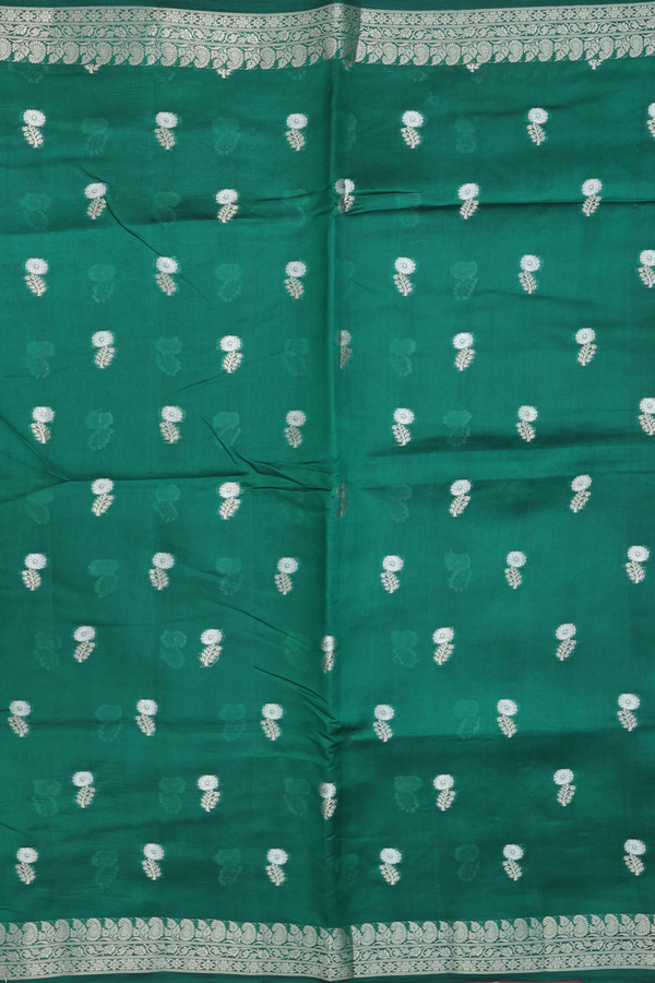 Raw Silk Saree In Forest Green With Floral Buttas
