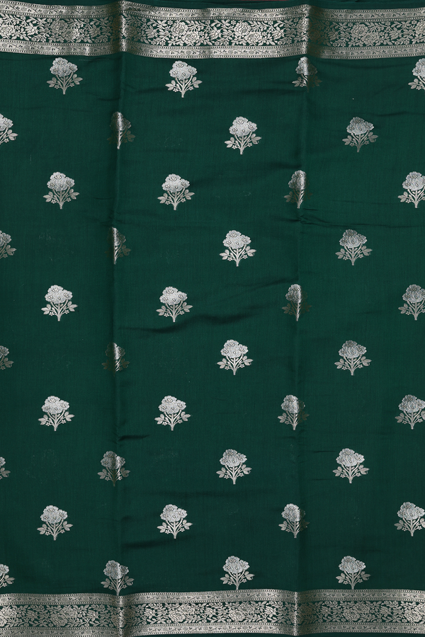 Raw Silk Saree In Forest Green With Floral Buttas