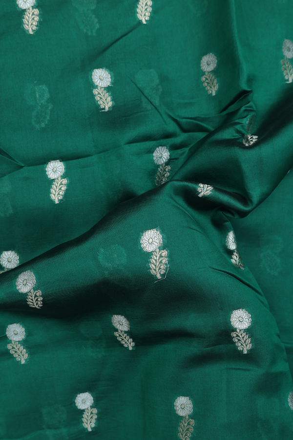 Raw Silk Saree In Forest Green With Floral Buttas