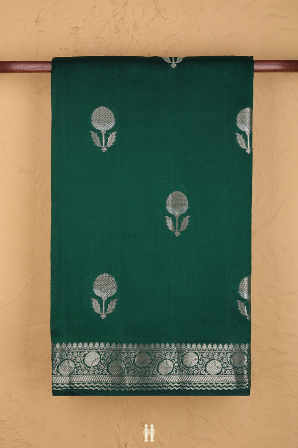 Raw Silk Saree In Forest Green With Floral Motifs