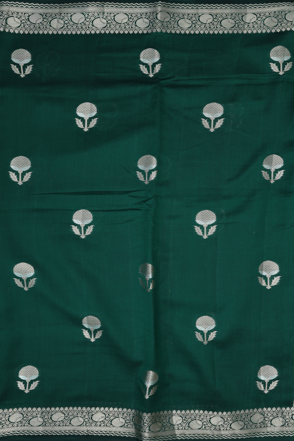Raw Silk Saree In Forest Green With Floral Motifs