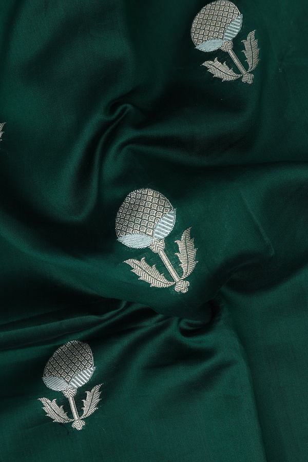 Raw Silk Saree In Forest Green With Floral Motifs