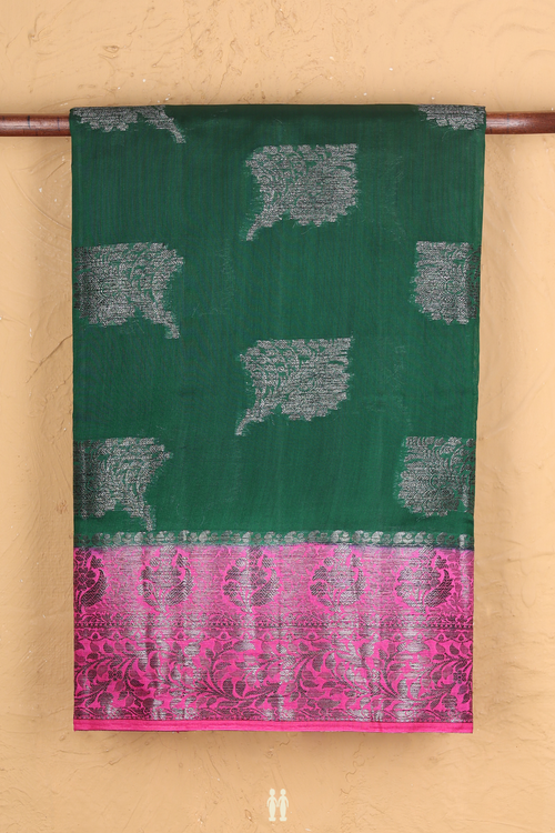 Raw Silk Saree In Forest Green With Leaf Motifs