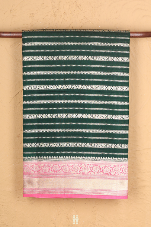 Raw Silk Saree In Forest Green With Stripes Design