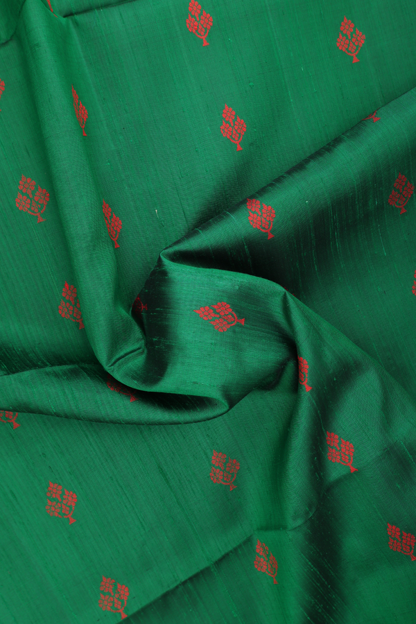 Raw Silk Saree In Forest Green With Threadwork Buttas