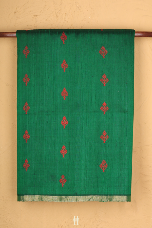 Raw Silk Saree In Forest Green With Threadwork Buttas