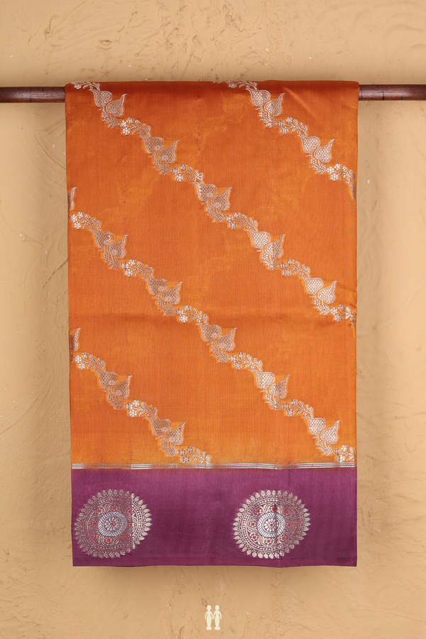 Raw Silk Saree In Ginger Orange With Diagonal Design