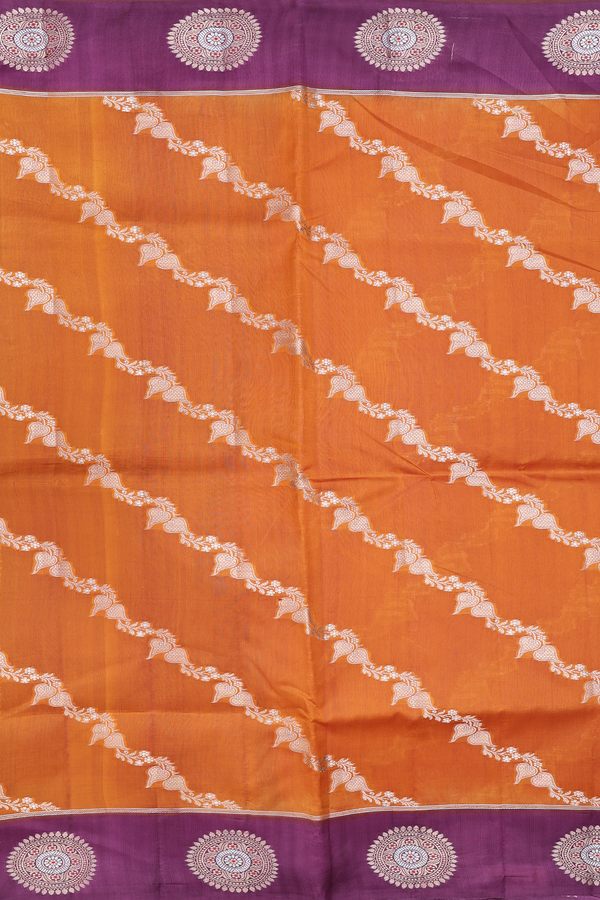 Raw Silk Saree In Ginger Orange With Diagonal Design