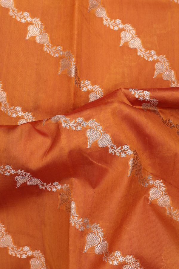 Raw Silk Saree In Ginger Orange With Diagonal Design