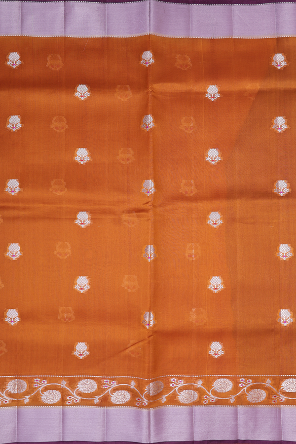 Raw Silk Saree In Golden Orange With Floral Motifs