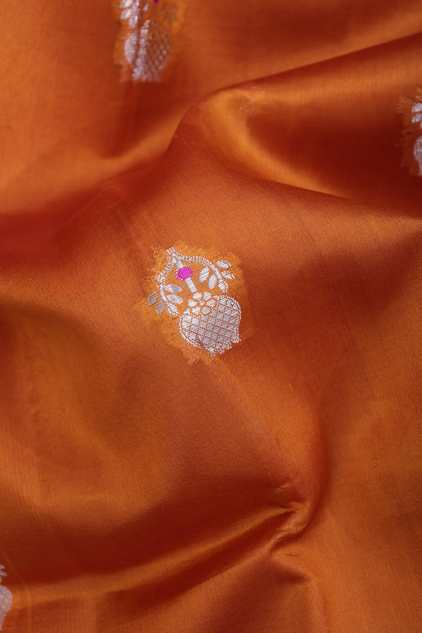 Raw Silk Saree In Golden Orange With Floral Motifs