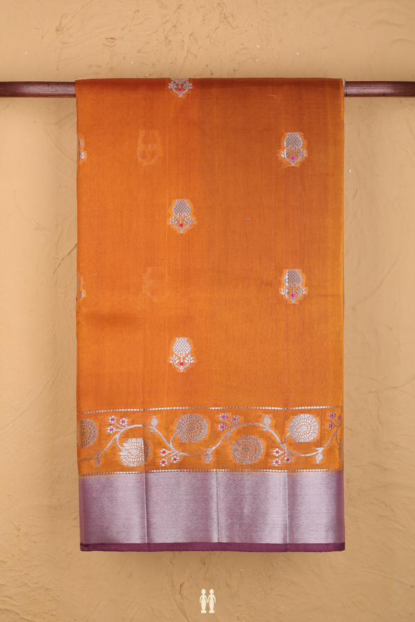 Raw Silk Saree In Golden Orange With Floral Motifs