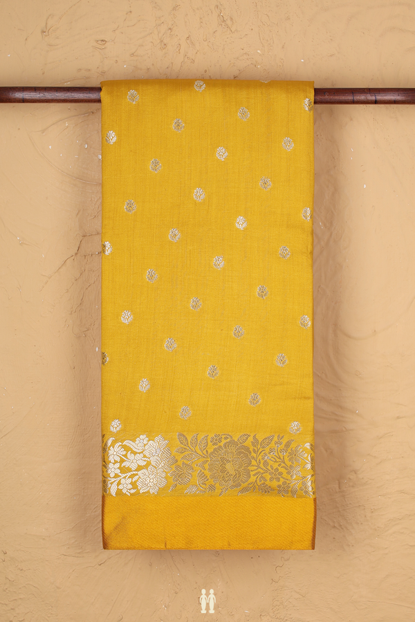 Raw Silk Saree In Golden Yellow With Floral Buttas