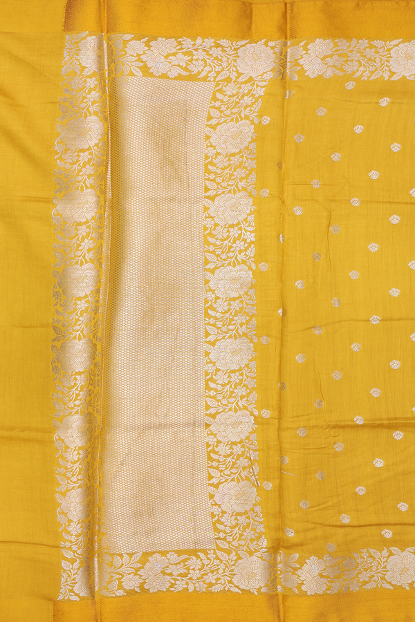 Raw Silk Saree In Golden Yellow With Floral Buttas