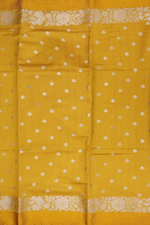 Raw Silk Saree In Golden Yellow With Floral Buttas