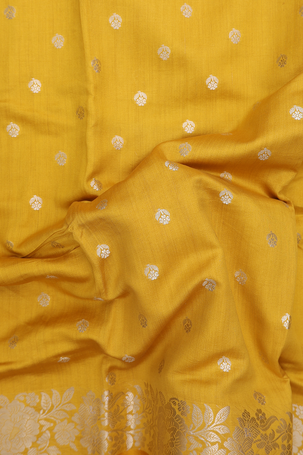 Raw Silk Saree In Golden Yellow With Floral Buttas