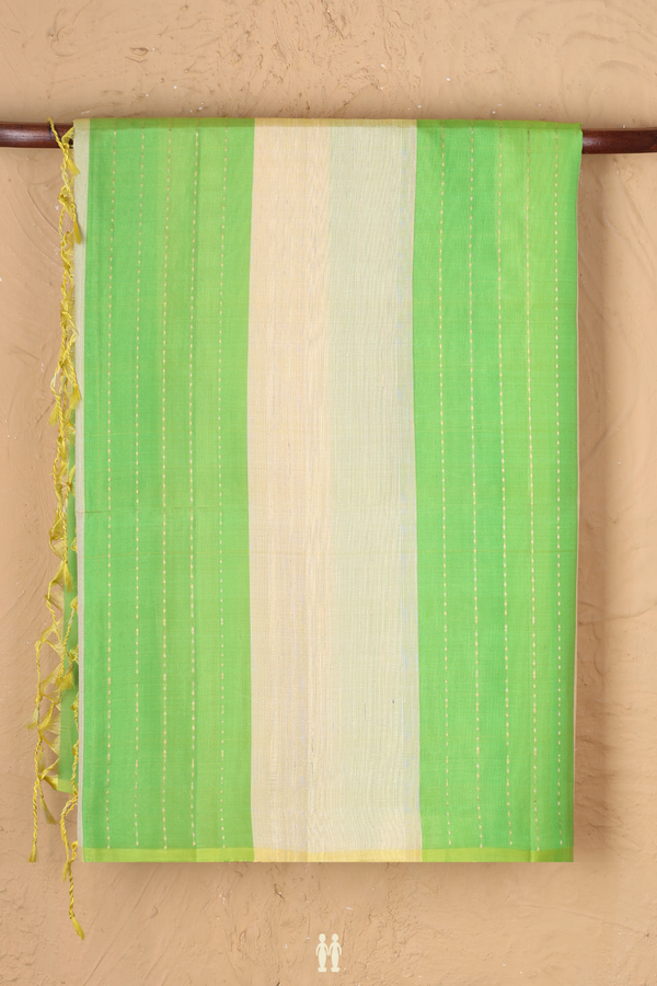 Raw Silk Saree In Green And Ivory With Stripes Design