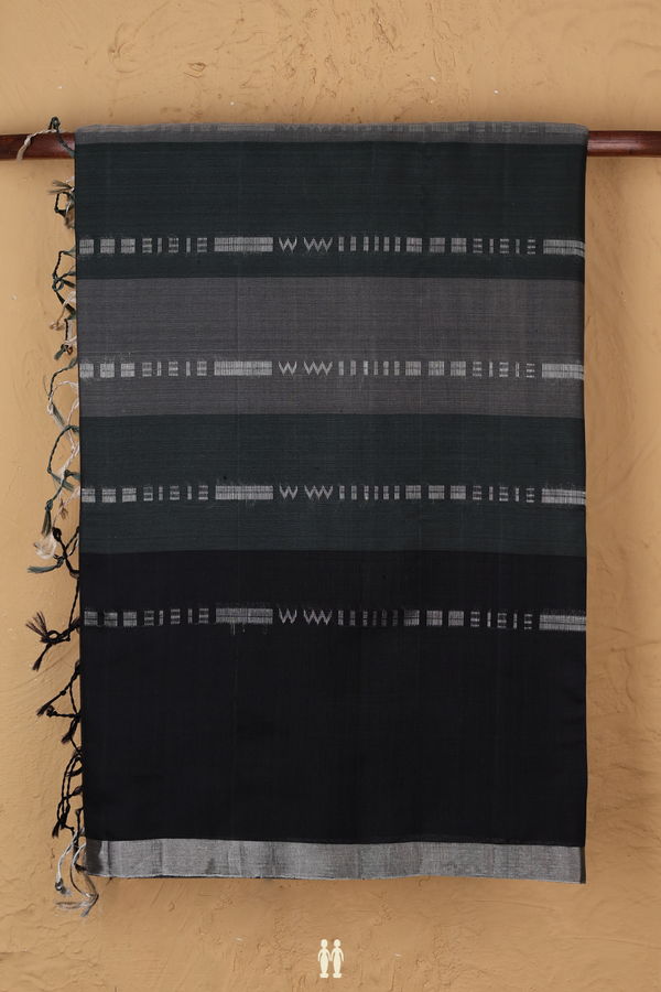 Raw Silk Saree In Grey And Green With Stripes Design
