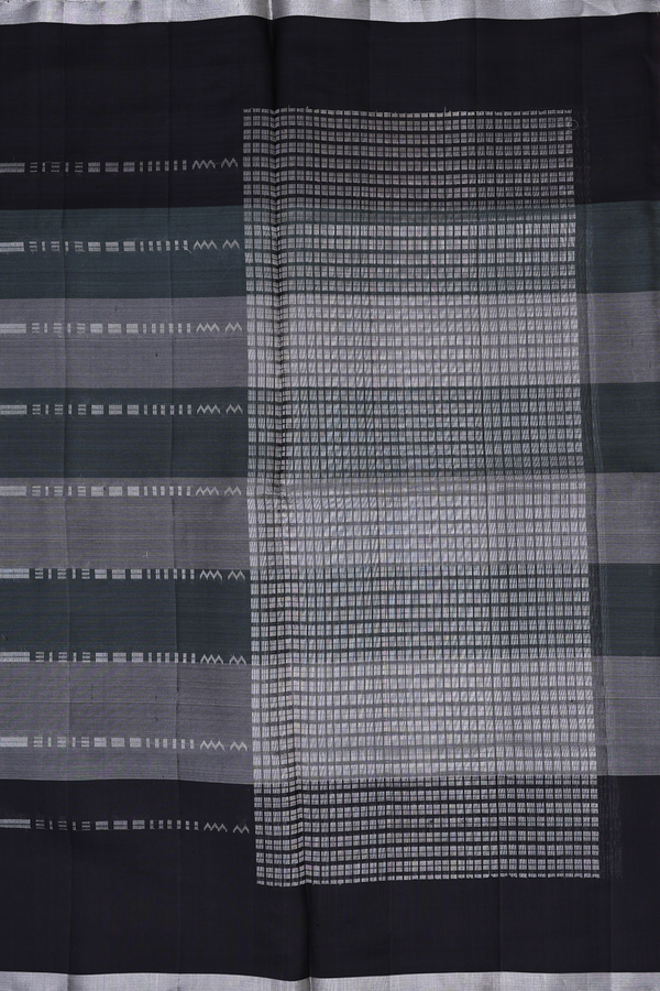 Raw Silk Saree In Grey And Green With Stripes Design