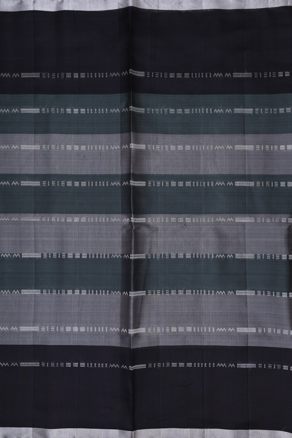 Raw Silk Saree In Grey And Green With Stripes Design