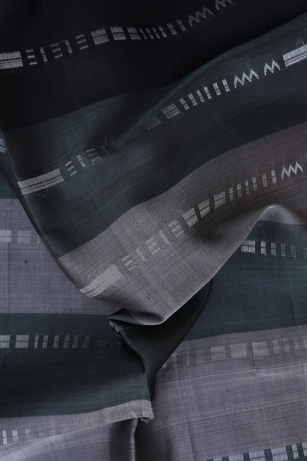 Raw Silk Saree In Grey And Green With Stripes Design