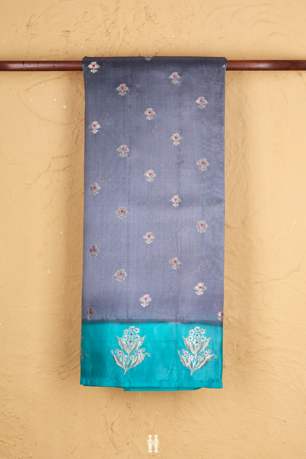 Raw Silk Saree In Grey With Floral Buttas