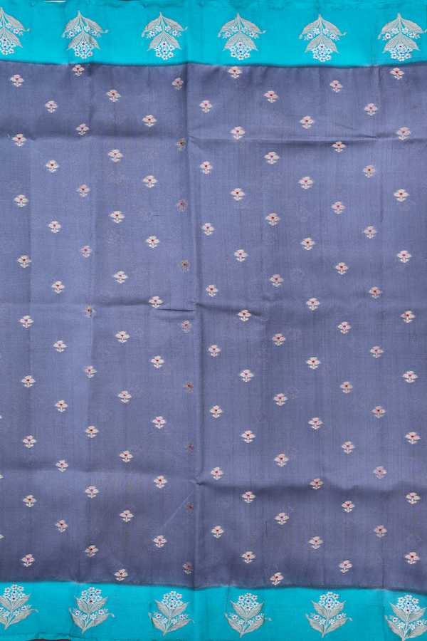 Raw Silk Saree In Grey With Floral Buttas