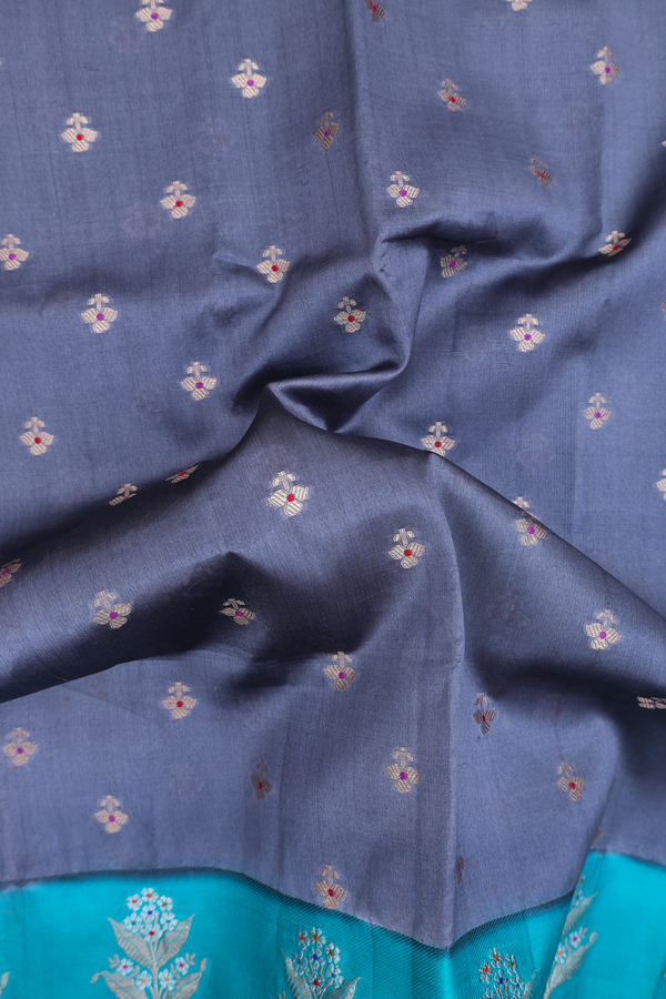 Raw Silk Saree In Grey With Floral Buttas