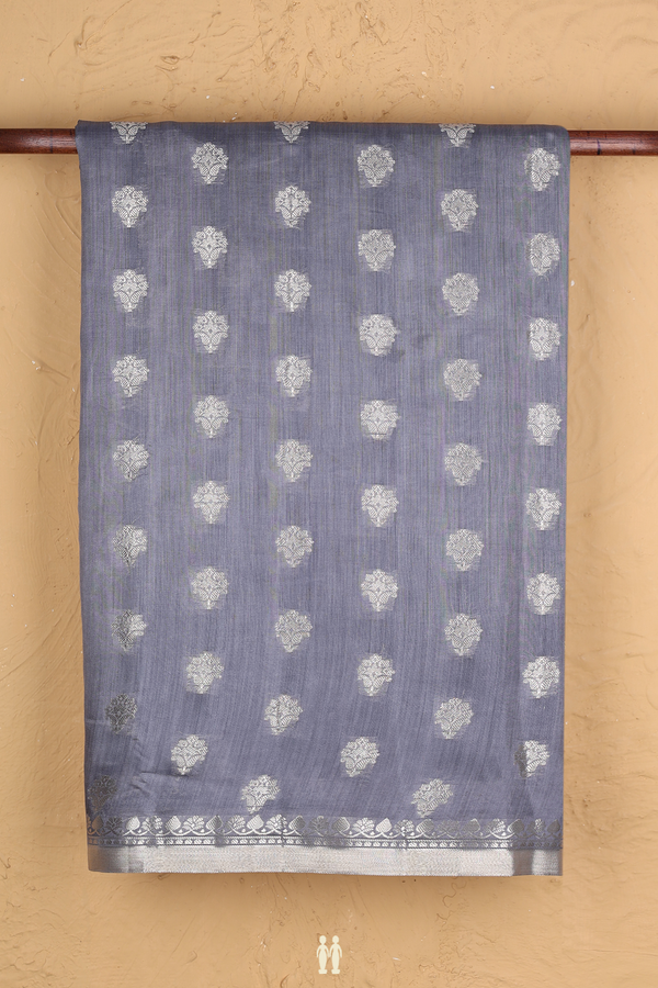Raw Silk Saree In Grey With Paisley Buttas