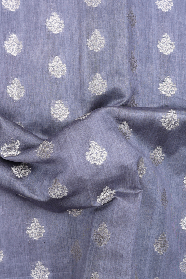 Raw Silk Saree In Grey With Paisley Buttas