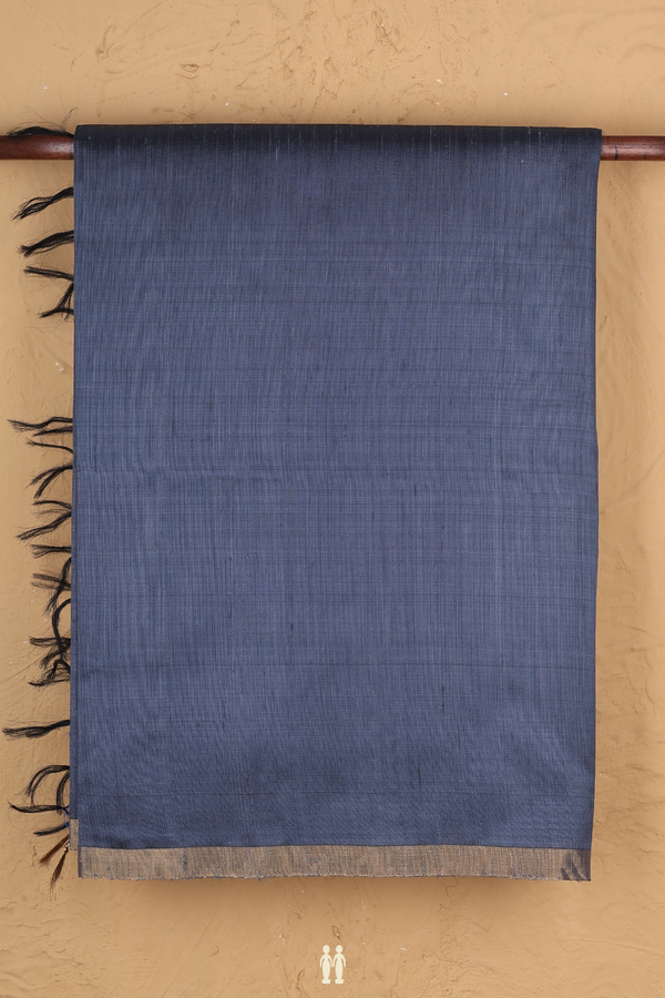 Raw Silk Saree In Plain Pigeon Blue With Zari Border