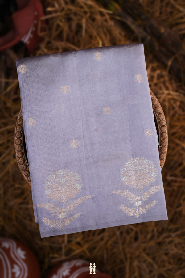Raw Silk Saree In Grey With Floral Zari Buttas