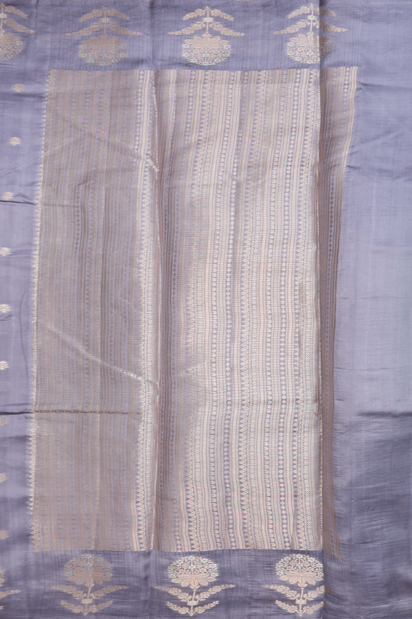 Raw Silk Saree In Grey With Floral Zari Buttas