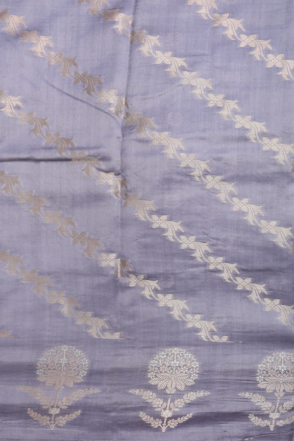 Raw Silk Saree In Grey With Floral Zari Buttas