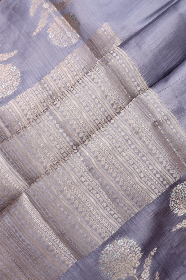 Raw Silk Saree In Grey With Floral Zari Buttas