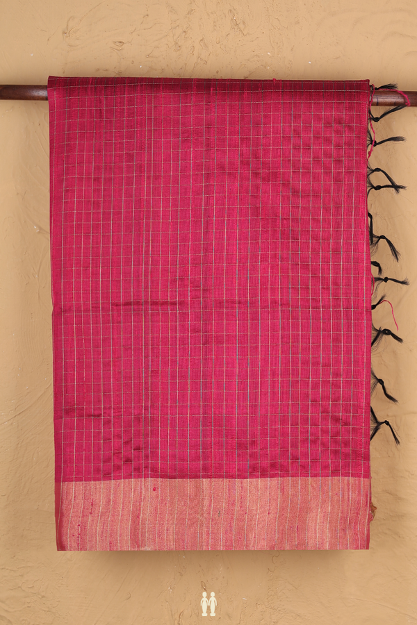 Raw Silk Saree In Hibiscus Red With Checks Design