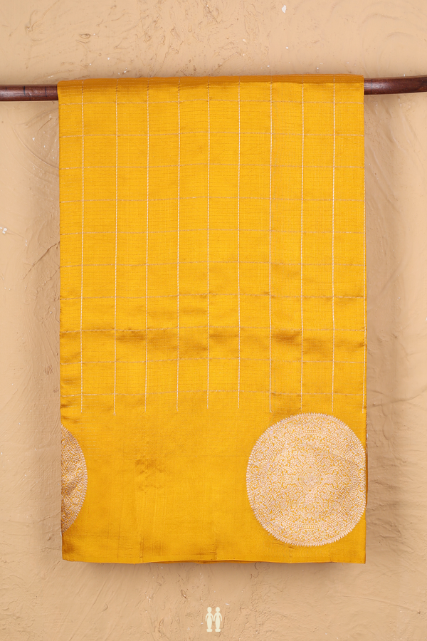 Raw Silk Saree In Honey Yellow With Checks Design