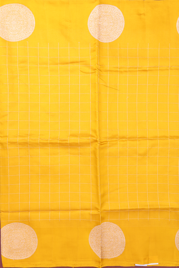 Raw Silk Saree In Honey Yellow With Checks Design
