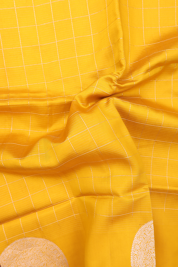 Raw Silk Saree In Honey Yellow With Checks Design