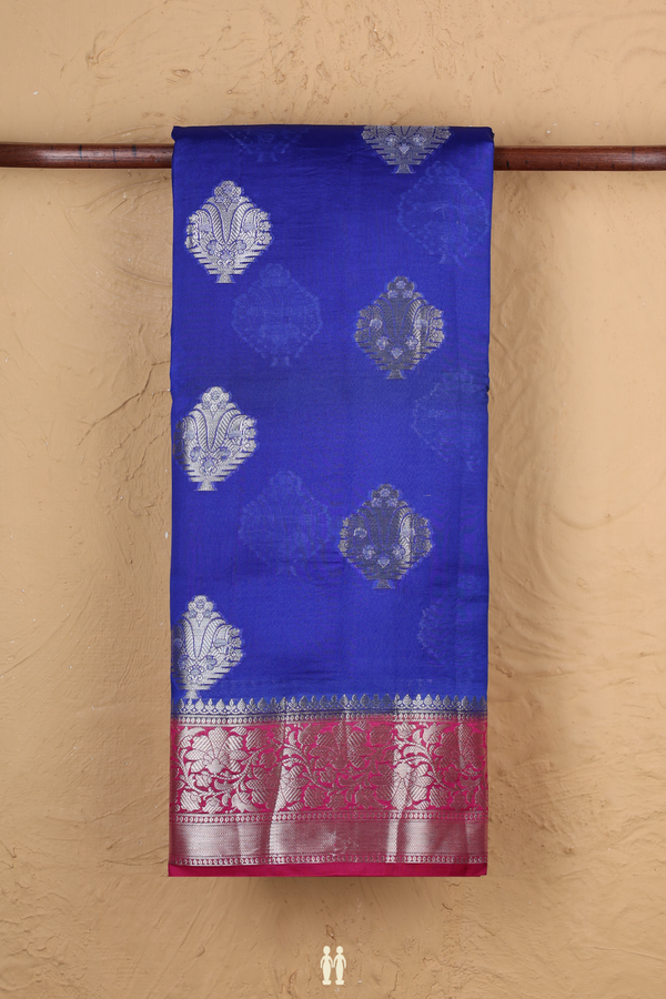 Raw Silk Saree In Indigo Blue With Zari Motifs