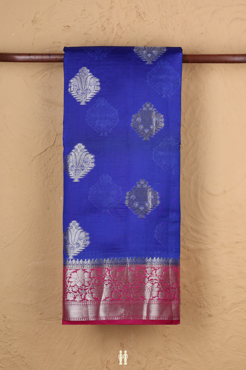 Raw Silk Saree In Indigo Blue With Zari Motifs