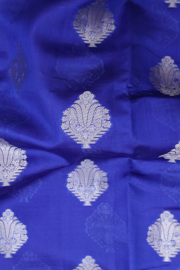 Raw Silk Saree In Indigo Blue With Zari Motifs