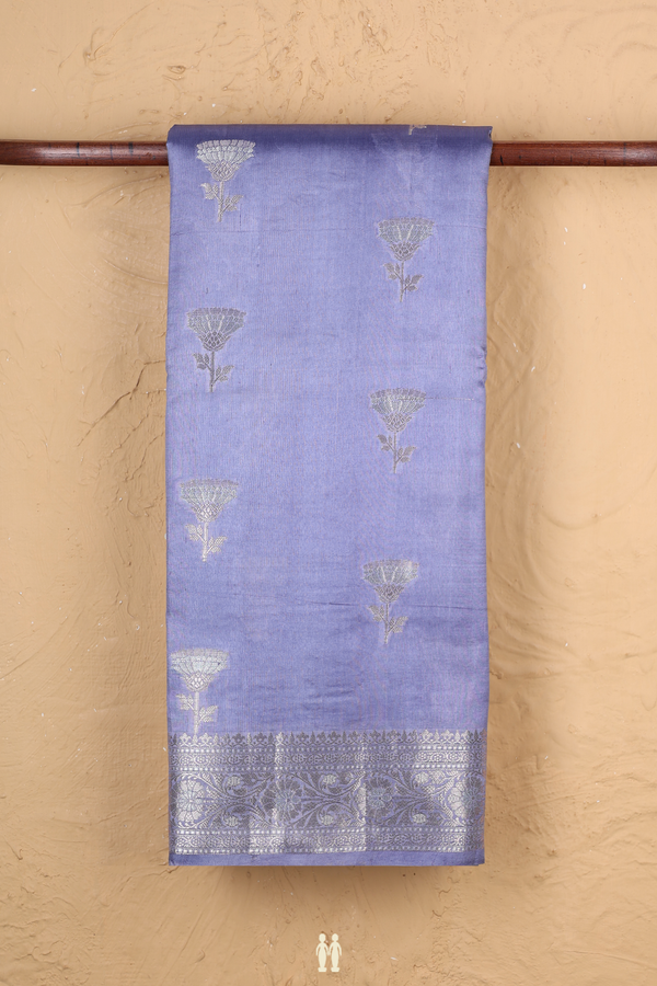 Raw Silk Saree In Lavender Blue With Floral Buttas