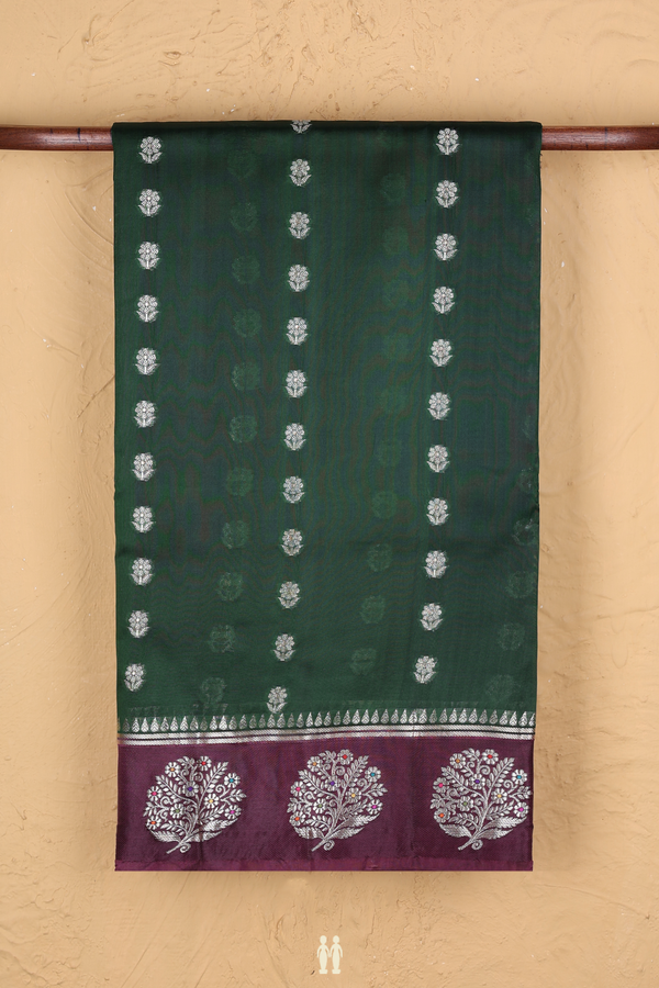 Raw Silk Saree In Leaf Green With Floral Buttas