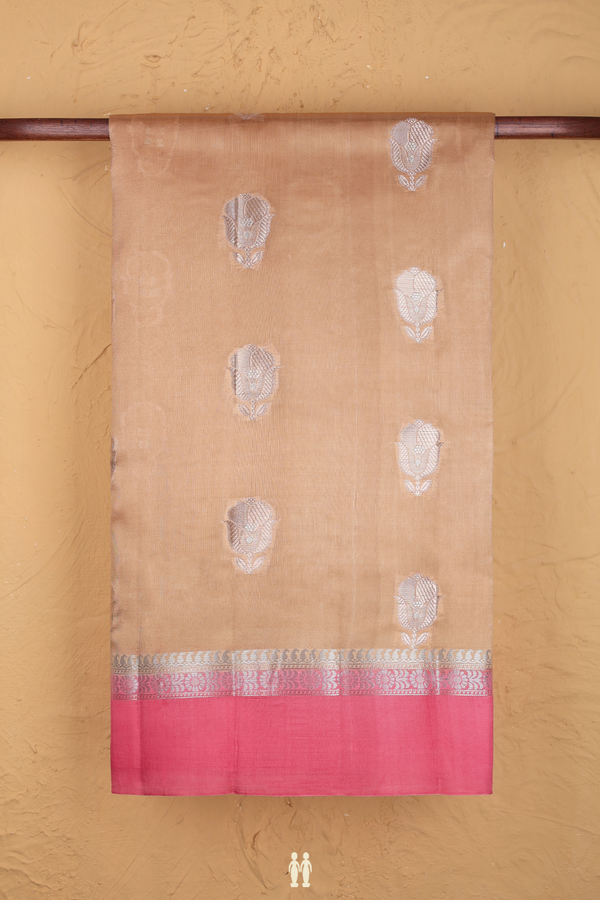 Raw Silk Saree In Mustard Brown With Floral Motifs