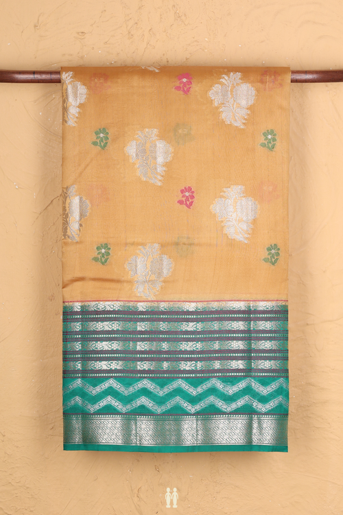 Raw Silk Saree In Mustard Brown With Floral Motifs